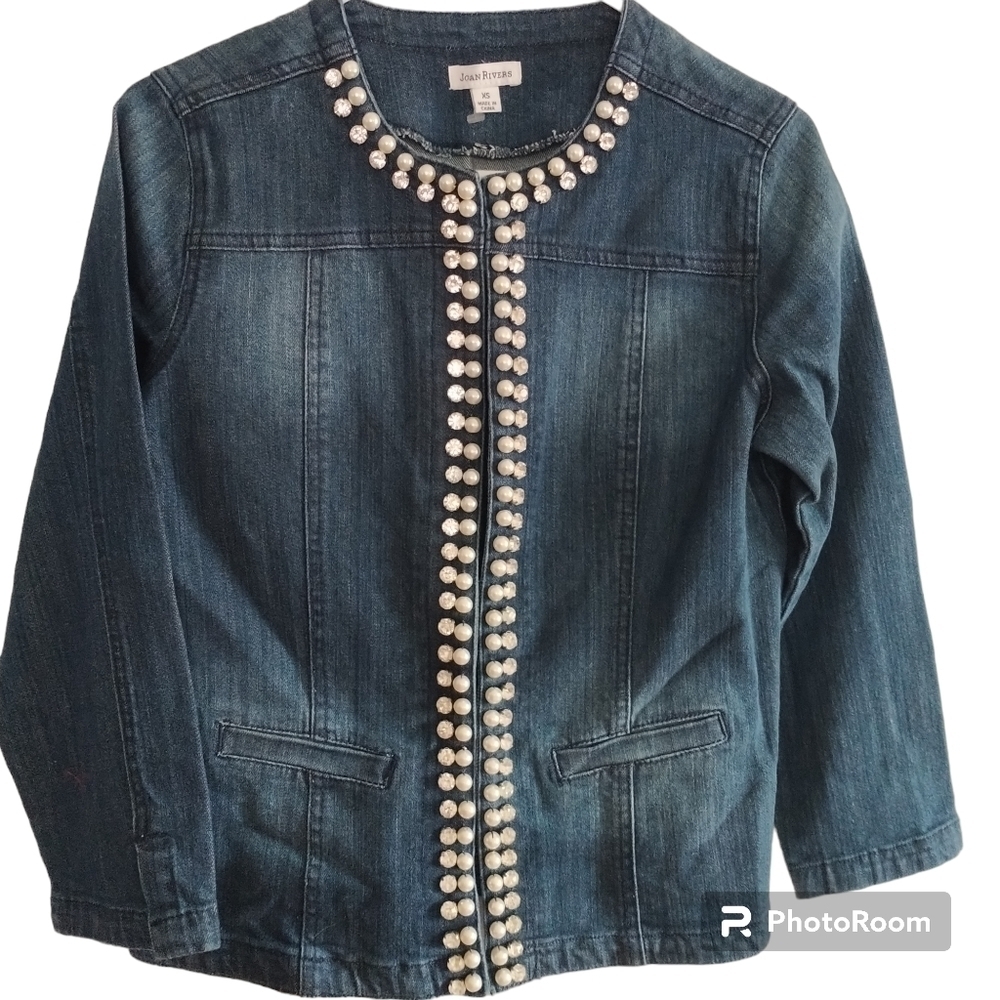 Joan Rivers Pearl & Crystal Trim Denim Jean Jacket XS